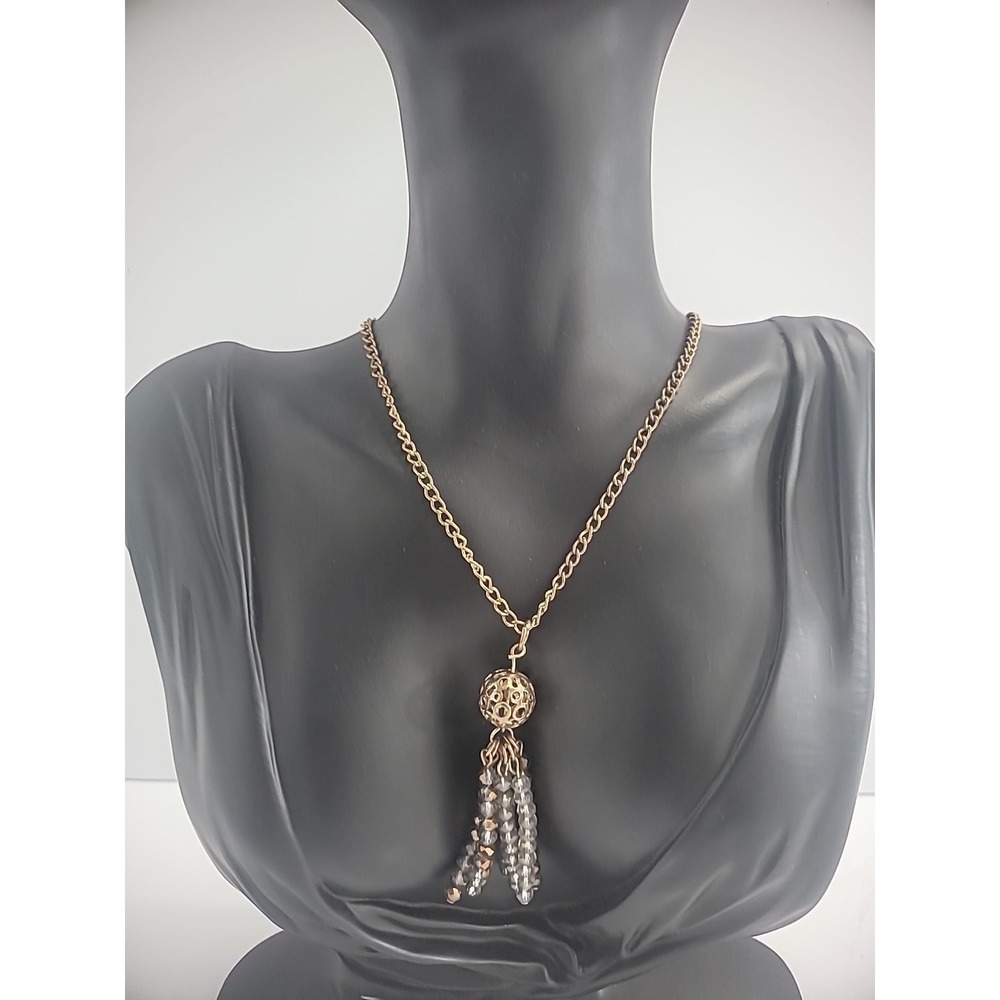 Vintage Necklace Tassel Pendant Gold Tone Beaded Faceted Jewelry Costume